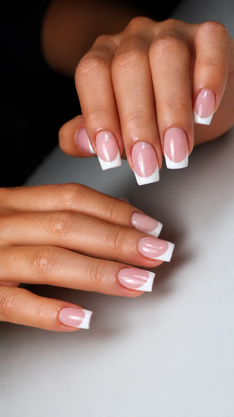 Manicura francesa blanca sobre uña nude.
