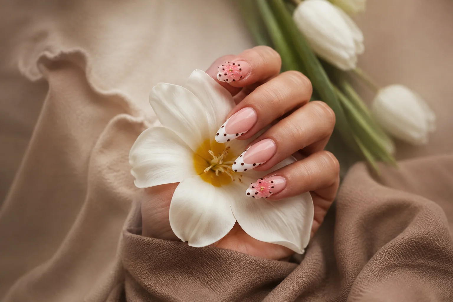 Mano con manicura nude sosteniendo un tulipán blanco sobre tela marrón.